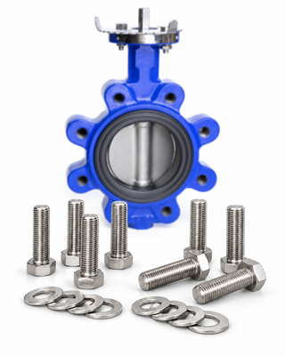 316 stainless steel bolt kit for lugged butterfly valve flange connections, shown with butterfly valve and fastening bolts – Titan Bolt Kits NZ