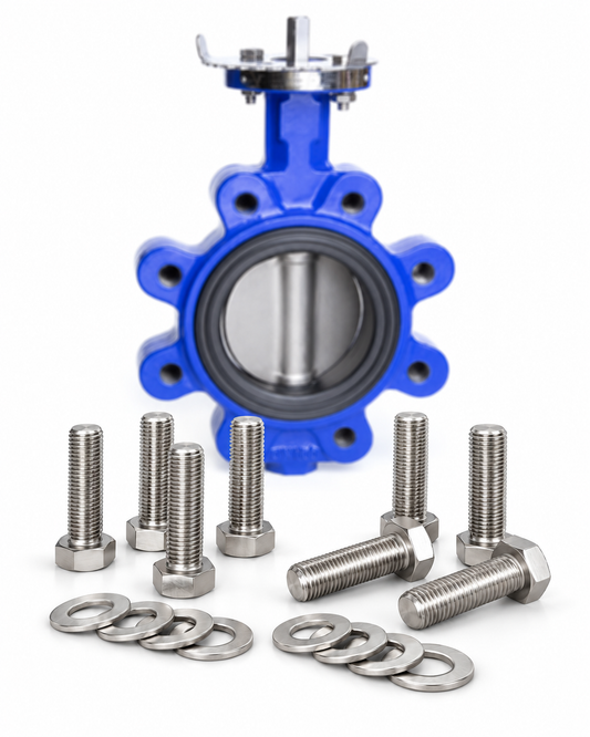 316 stainless steel bolt kit for lugged butterfly valve flange connections, shown with butterfly valve and fastening bolts – Titan Bolt Kits NZ